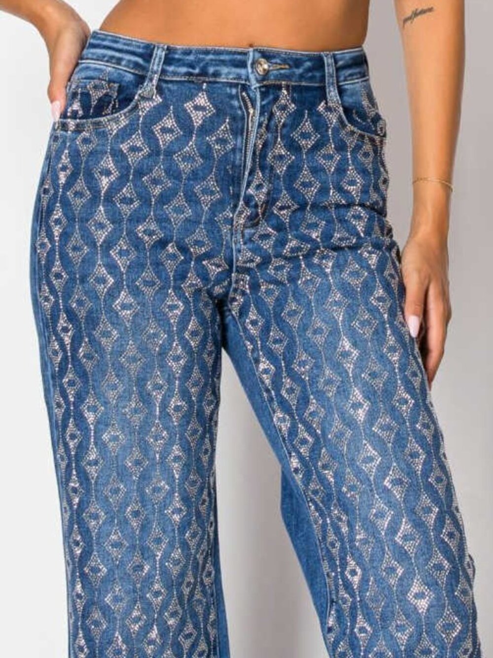 Embellished Diamond Drip Blue Denim Jeans